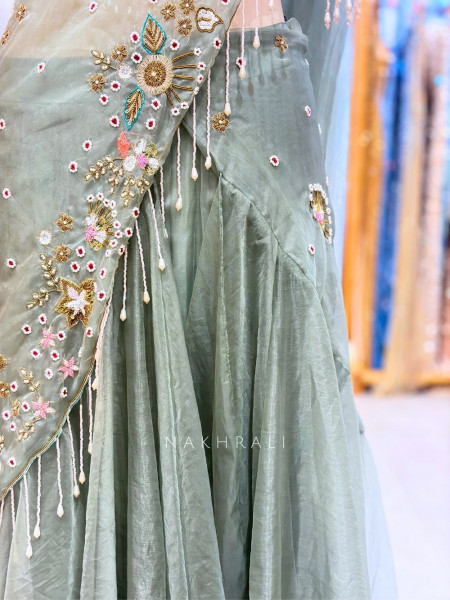 Madhavi Sea Green Crop Top Skirt Set With Floral Embroidery