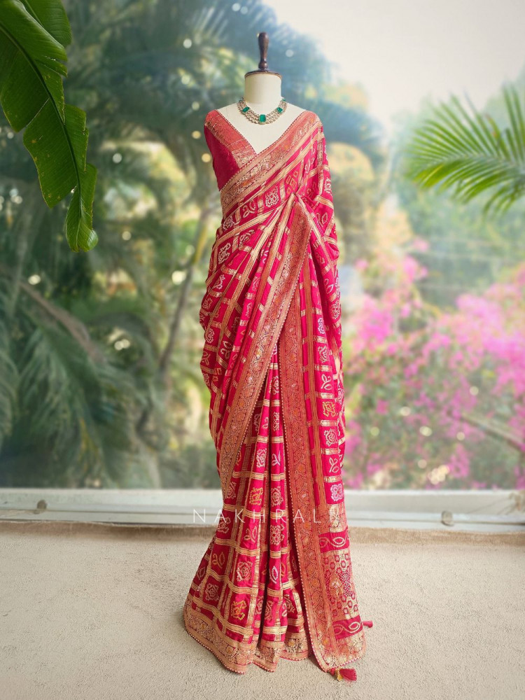 Image of Rangriti Red Bandhani Saree with Gota Border