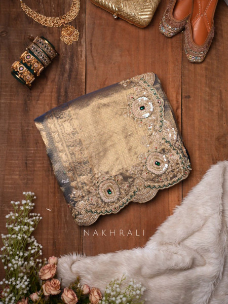 Devyani Teal Blue Tissue Silk Saree with Zari and Zardozi Work