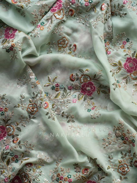 Whispers of Spring Sea Green Saree with Heavy Floral Thread Work and Readymade Blouse