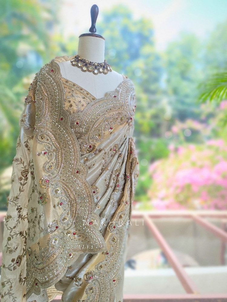 Image of Noor-e-Chandani Cream Organza Saree with Heavy Embroidery Work