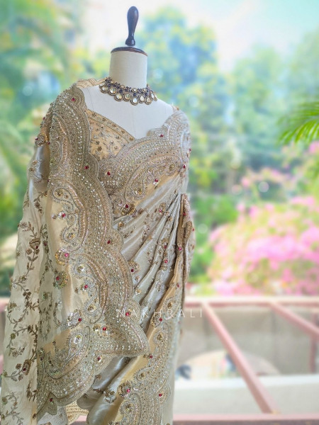 Noor-e-Chandani Cream Organza Saree with Heavy Embroidery Work