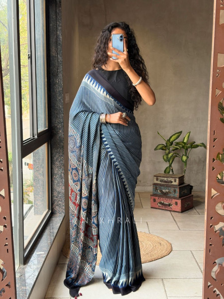 Raabta Blue Modal Saree with Ajrak Border
