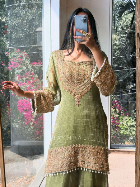 Zoya Green Tissue Suit Set with Zari Work