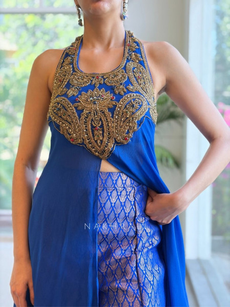 Sutra-Lekha Blue Indo Western Palazzo Set With Embellished Yoke