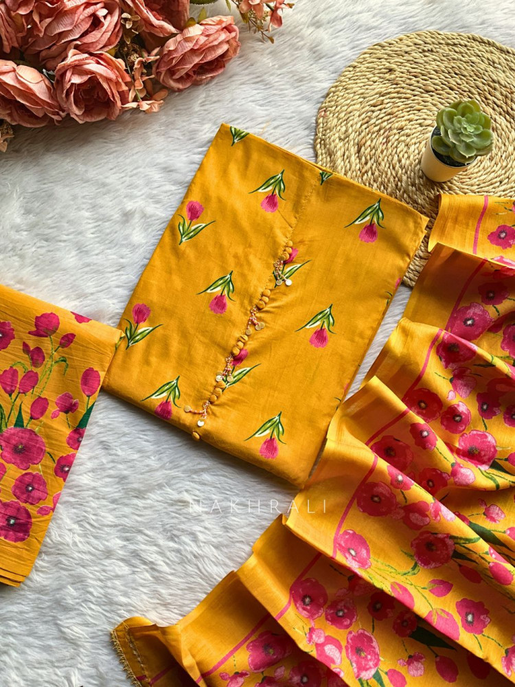 Image of Aira Mustard Cotton Floral Dress Material