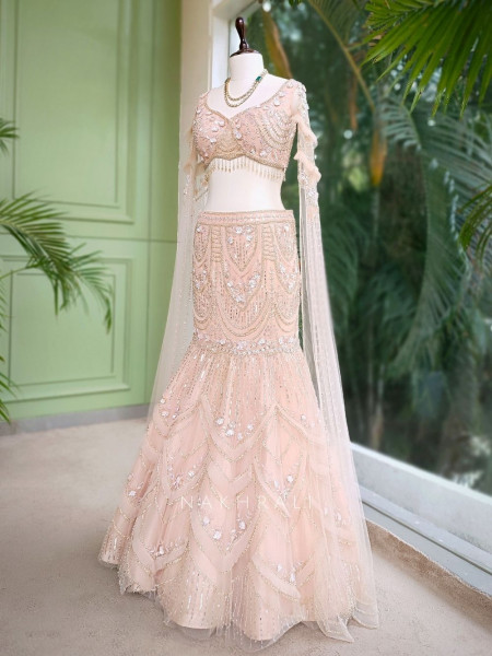 Elivra Beige Net Indo-Western Lehenga with Beads & Sequin Work