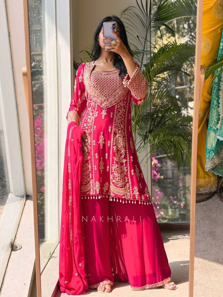 Image of Zyara Magenta Suit Set with Cut Dana and Zari Work
