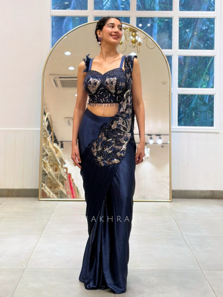 Aero Blue Drape Saree With 3D Cutdana & Sequin Work