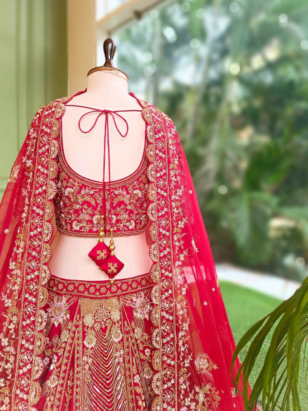 Vermillion Red Silk Velvet Bridal Lehenga With Zardozi, Dabka & Doli Motif Work