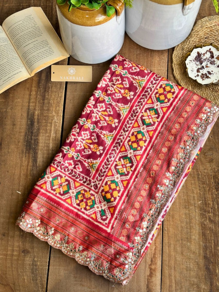 Aarini Maroon Patola Print Saree with Mirror Work Border