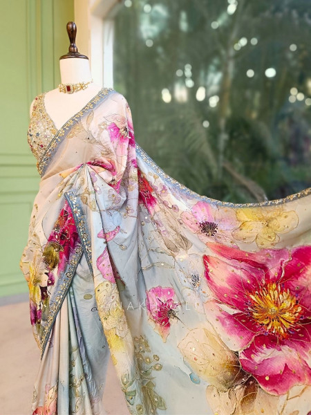 Florie Multicolor Floral Saree with Zari and Mirror Work Blouse