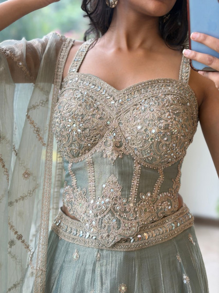 Zuri Sea Green Embroidered Indo Western Lehenga Set