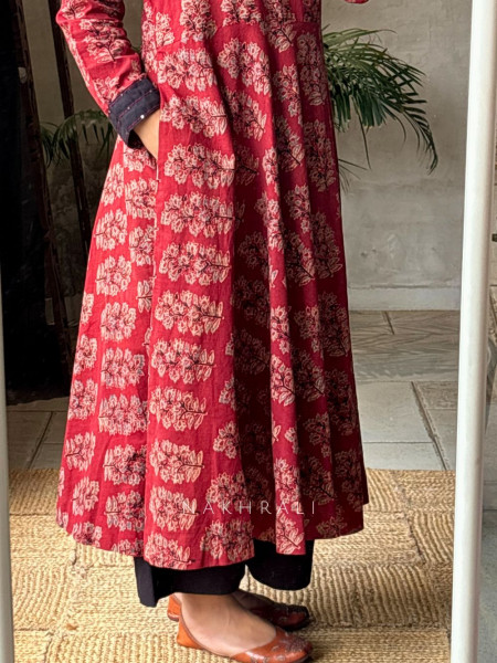 Adaa Cotton Red Block Printed Kurta with Handwork Yoke