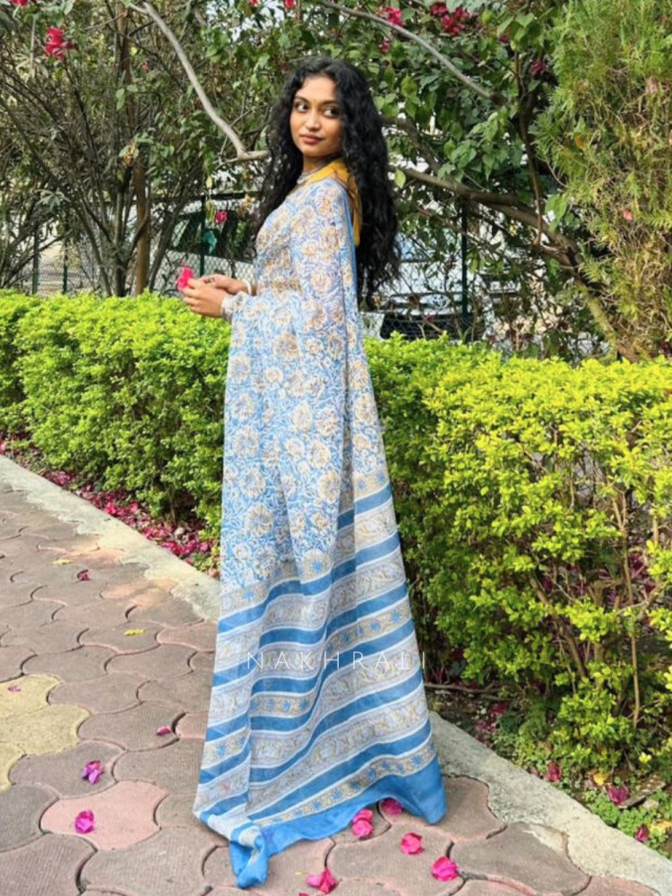 Image of Koshika Blue Kota Handblock Print Saree