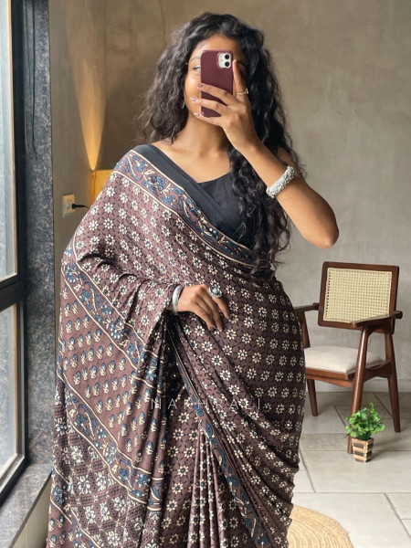 Mrittika Brown Modal Silk Saree With Ajrakh Print