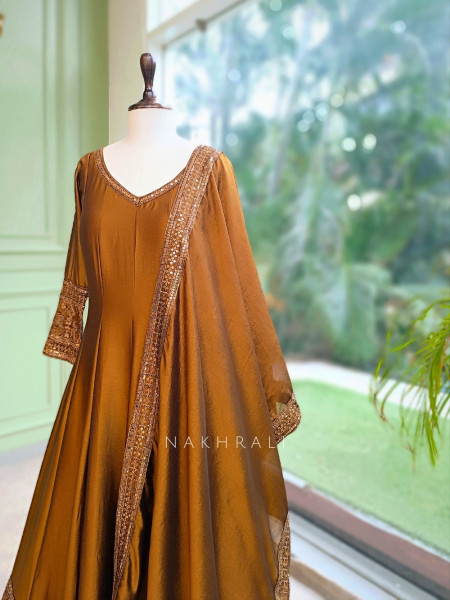 Yashvika Brown Raw Silk  Anarkali Suit Set