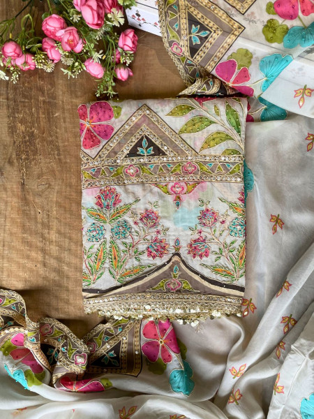 Gulrani Grey Embroidered Dress Material with Floral Geometric Work