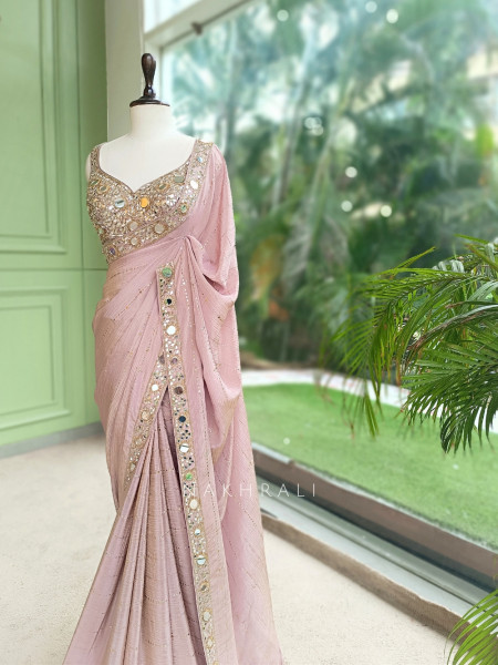 Mrinmayi Dusty Rose Crushed Georgette Saree with Readymade Blouse