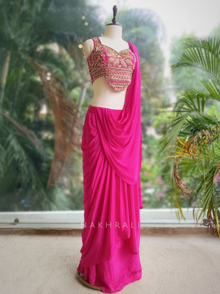 Fuchsia Magenta Pre-Drape Saree with Sequin, Beads, and Cut Dana Work