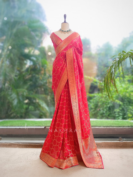 Ridhima Coral Khaddi Georgette Zari Jaal Saree