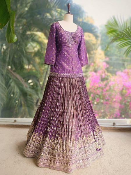 Saanvi Purple Embroidered Kurta Lehenga Set with Dupatta