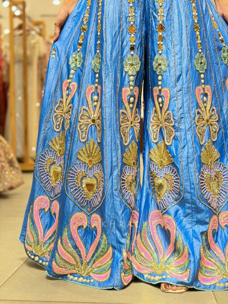 Nymera Teal Blue Embellished Jumpsuit with Mirror Bead Work