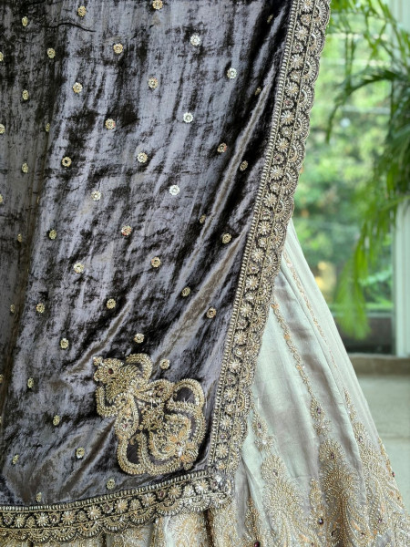 Stardust Silver Grey Raw Silk & Velvet Lehenga