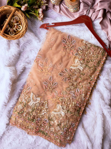 Wisteria Onion Pink Embroidered Saree with Bird and Floral Motifs
