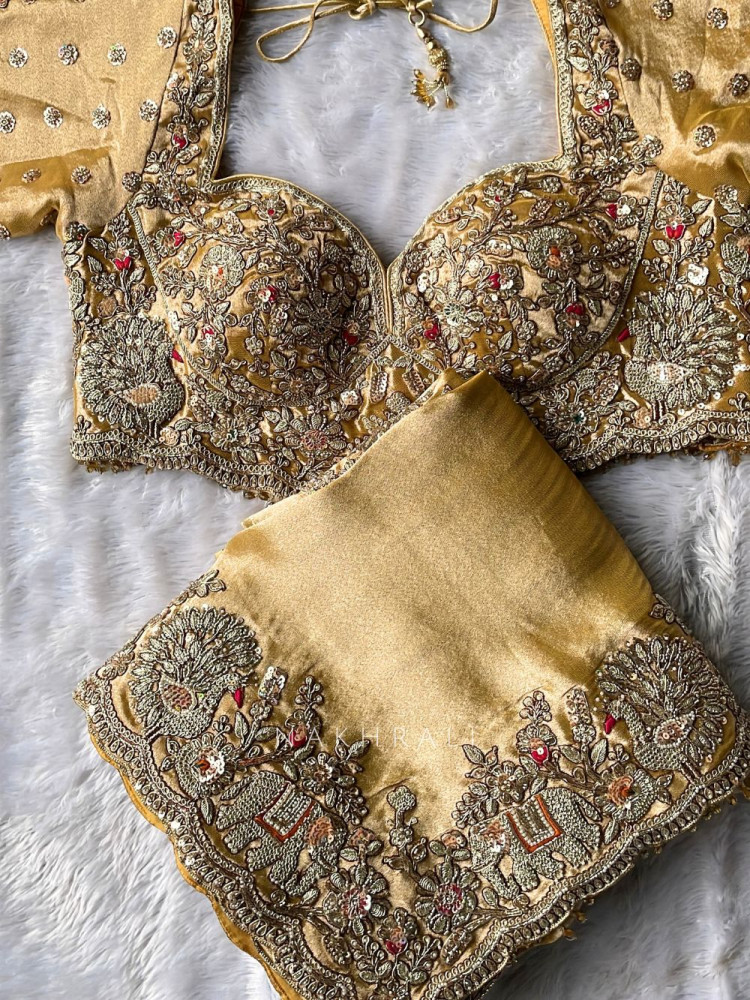 Image of Swarnim Avadh Golden Saree with Readymade Blouse