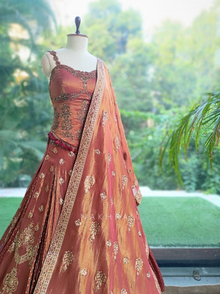 Surmayi Pink Onion Tissue Silk Indo-Western Lehenga