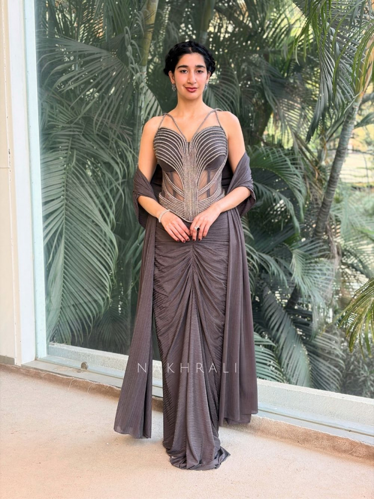 Image of Lyra Grey Indo-Western Corset Drape Skirt Set