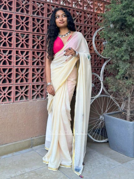 Valakshah Cream Mull Cotton Saree with Thread Embroidery