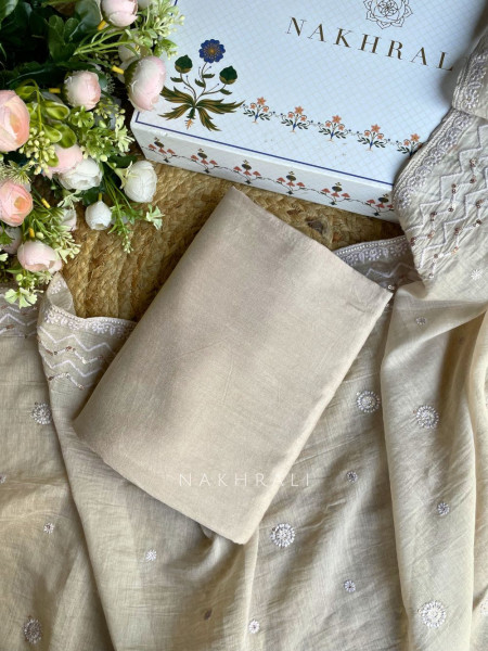 Ishira Grey Embroidered Cotton Dress Material Set