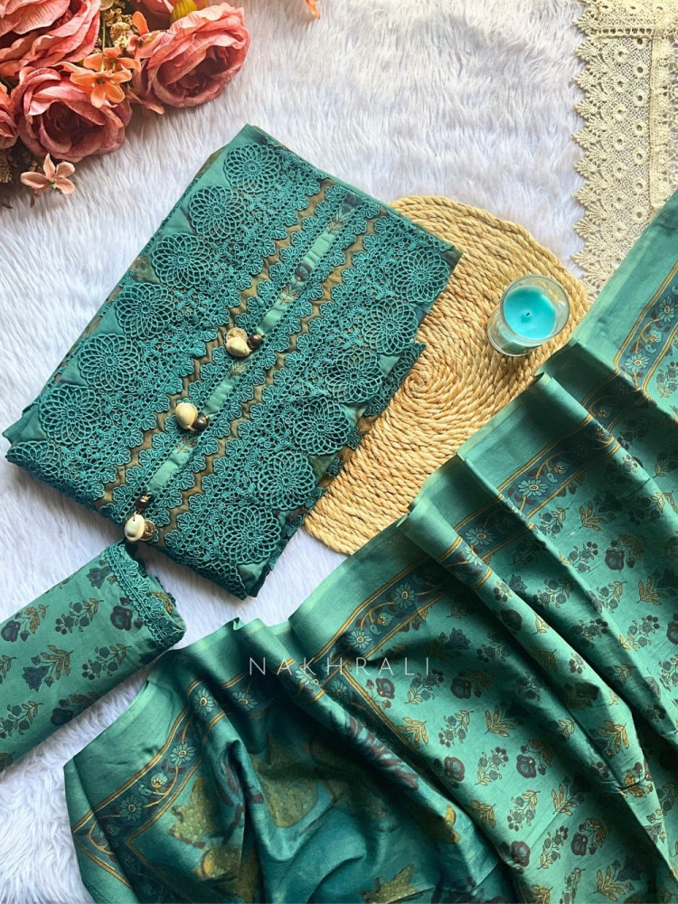 Image of Tarang Teal Floral Embroidered Dress Material Set