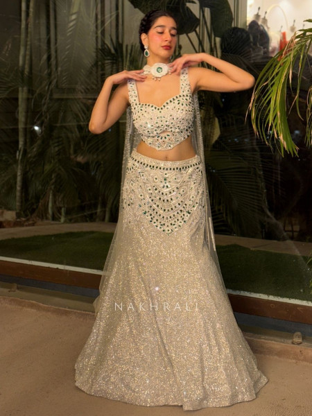 Pakeezah Ivory Tulle Net Indo Western Crop Top Skirt Set
