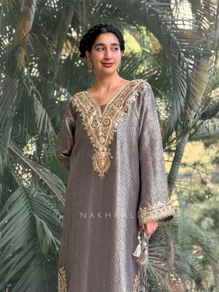 Kyra Grey Straight Dress with Mirror Zari Work