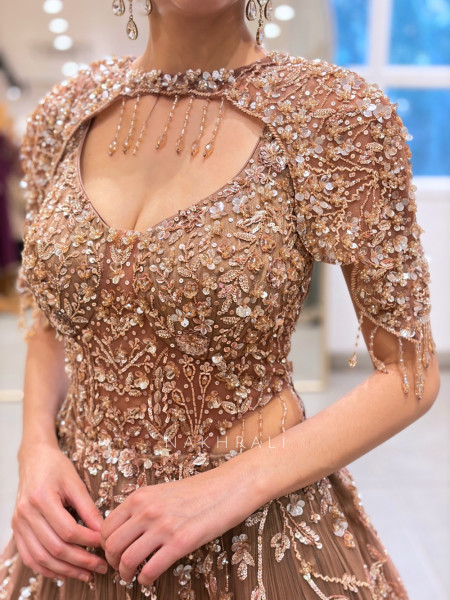 Suede Blossom Brown Soft Net Evening Gown