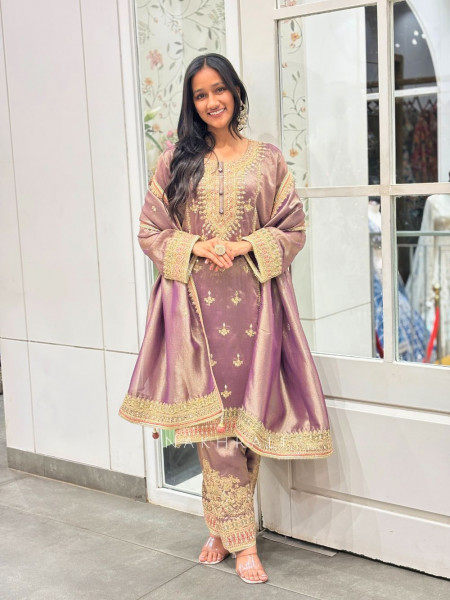 Triveni Purple Zari Tissue Suit Set with Gota Patti Sequin Work
