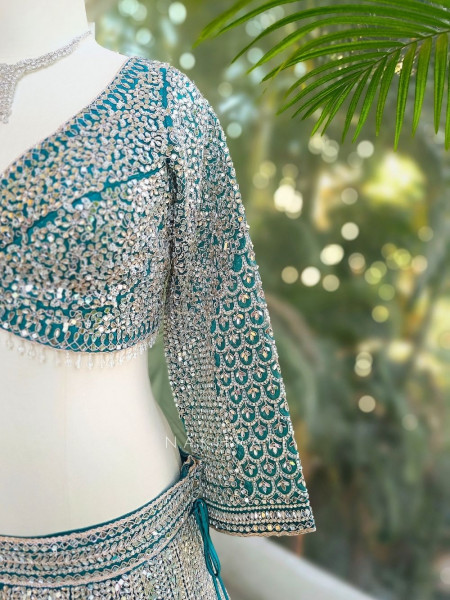 Rivarka Rama Green Mirror and Bead Embroidered Bridal Lehenga