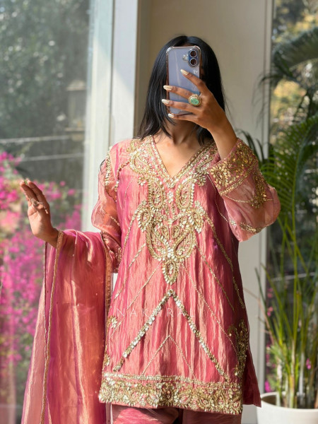Briona Peach Tissue Kurta Set with Heavy Hand Embroidery