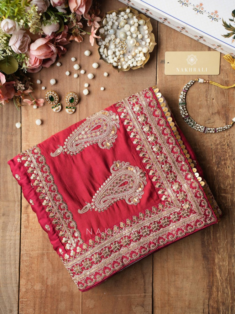 Image of Rooh-Tara Maroon Pure Silk Crepe Saree