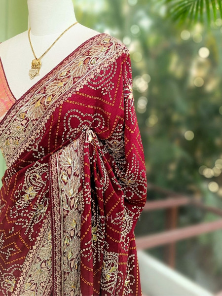 Rivaya Maroon Bandhej Saree With Runing Blouse