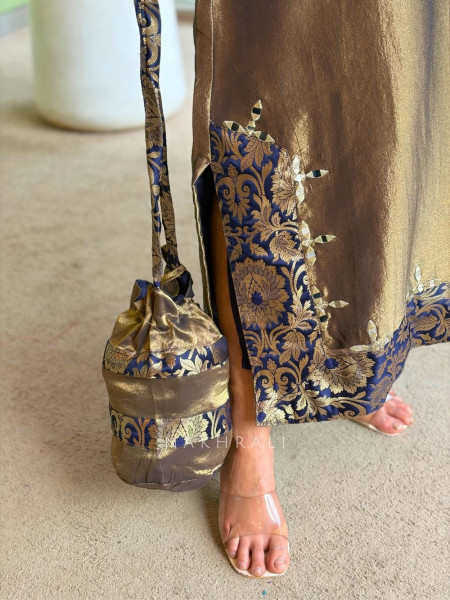 Zeenat Blue Embroidered Side-Slit Dress with Matching Potli