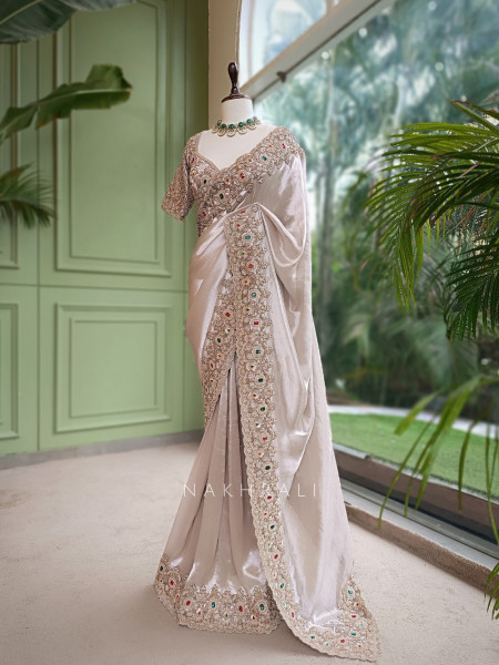 Rajvika Beige Metallic Tissue Silk Saree with Readymade Blouse