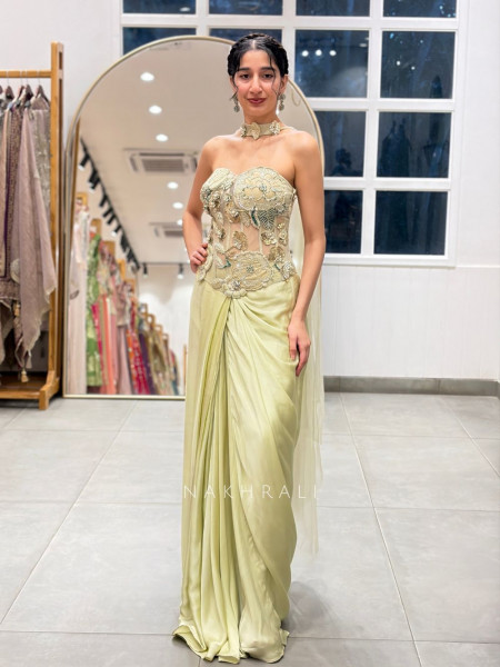 Celadon Pista Green Net & Satin-Silk Blend Indo-Western Crop Top Skirt Set