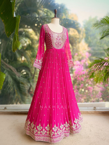 Fuchsia Magenta Georgette Anarkali Set with Embroidered Neck Work