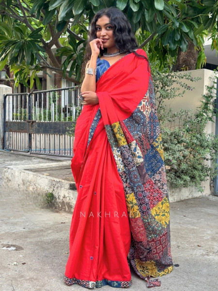 Sootra Red Cotton Saree with Patchwork Border