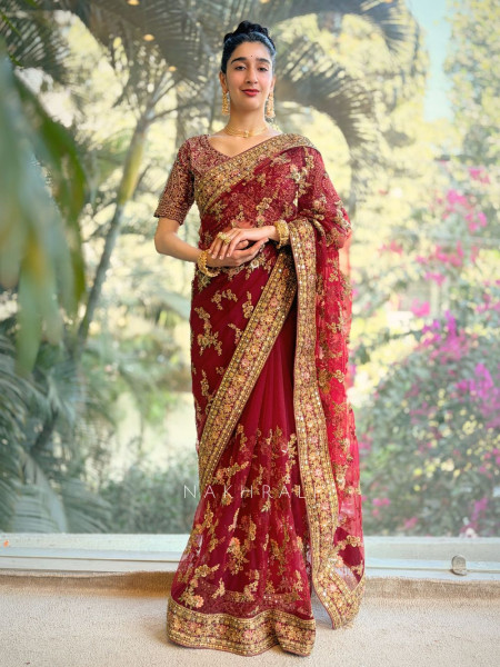 Yuvika Maroon Net Saree with Embroidery Work