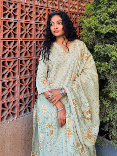 Zivora Pista Green Cotton Suit Set with Floral Print